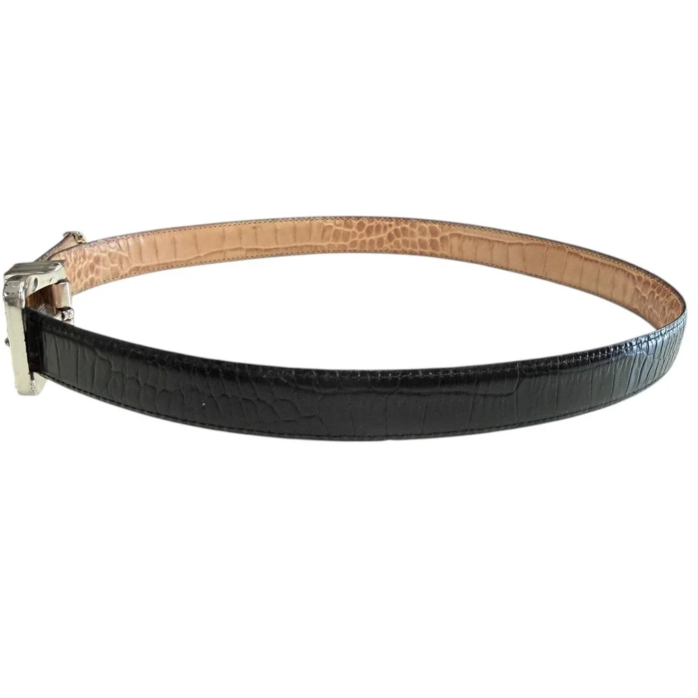 Brighton Womens Reversible Black Tan Belt Embossed Leather Silver Gold Buckle XL